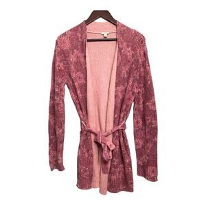 J. Jill Pink Floral Long line Open Cardigan Sweater with Robe Style Wrap Tie